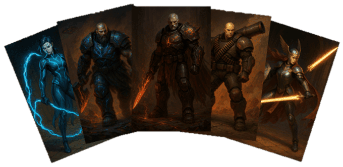 Rift Protocol Character Display Cards showing tactical squad stats