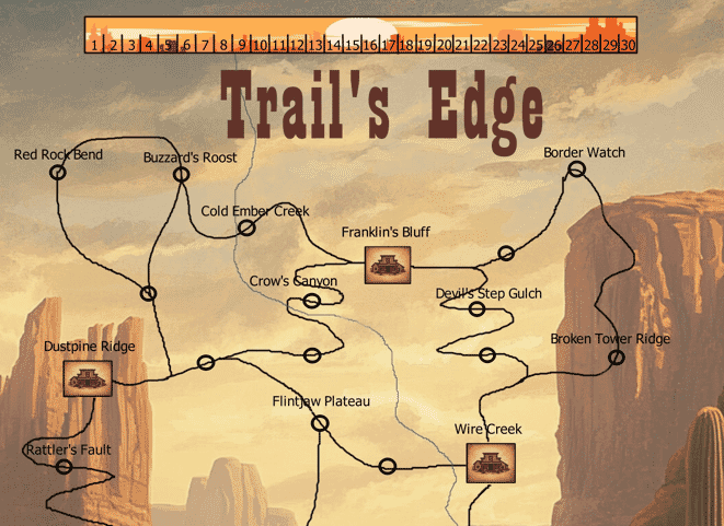 Close-up of the modular Western trail board game tiles